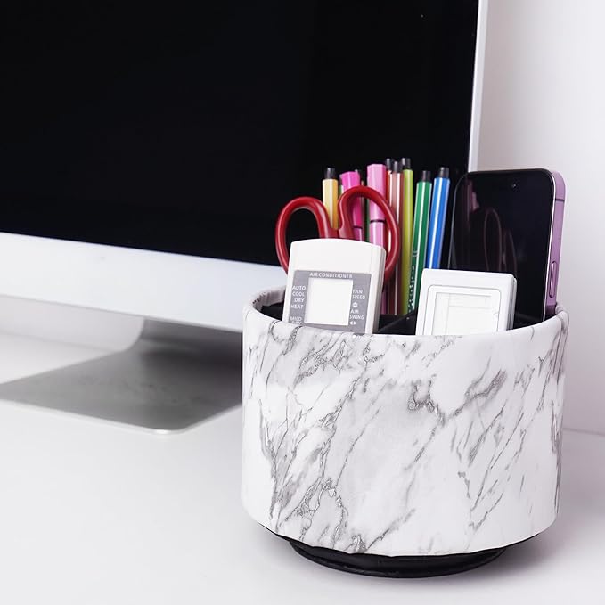 Round Leather Art Supply Organizer,Remote Control Holder,360-degree Rotating Pen Organizer with 4 Compartments(1-Marble White Silver)