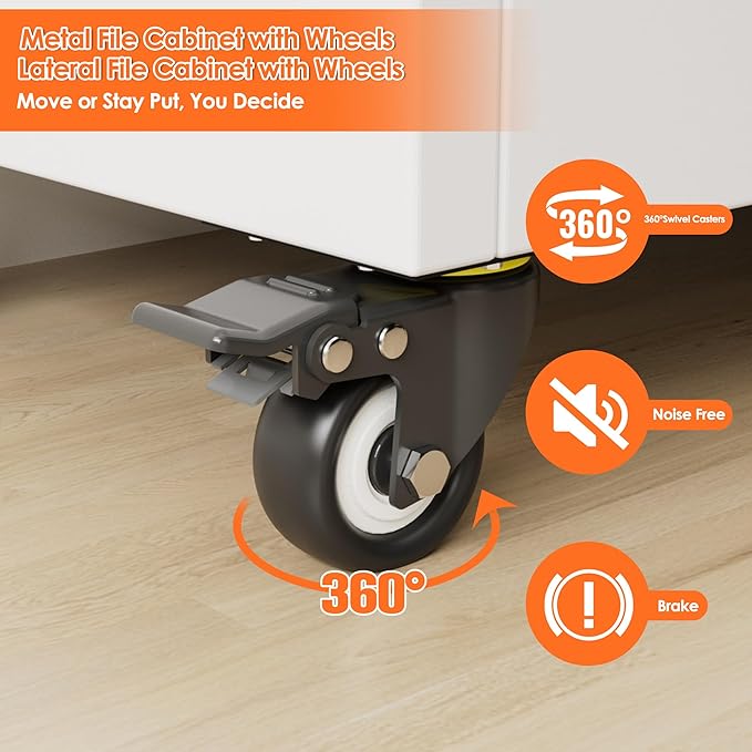 Aobabo Metal 1 Drawer Office File Cabinet with Lock and 2 Doors, Office Steel Files Cabinet with Wheels, Legal/Letter A4 Size, Assembly Required, White