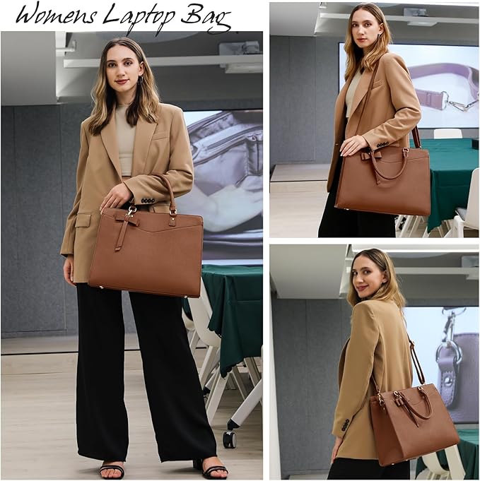 RAINSMORE Laptop Bag for Women 15.6 Inch PU Leather Laptop Tote Professional Business Office Work Bag Waterproof Briefcase Computer Tote Bag Large Lightweight Handbag Shoulder Bag