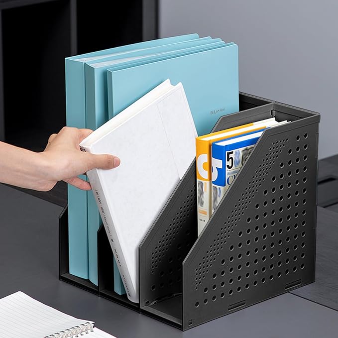 SAYEEC 2Pcs Collapsible Plastic Magazine File Holder Vertical Binder Storage Organizer for Desk Sturdy Upright Desktop Magazine Organizer Folder Rack for Office School Home (3 Compartments, Black)