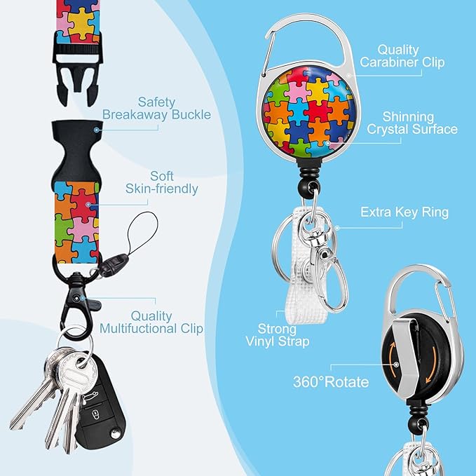 Autism Awareness ID Badge Holder with Breakaway Lanyard, Fashionable Lanyards for ID Badges Women, Cute Puzzle Badge Reel Retractable, ID Card Holder Keychain Name Badge Clip, Nurse Teacher Gifts