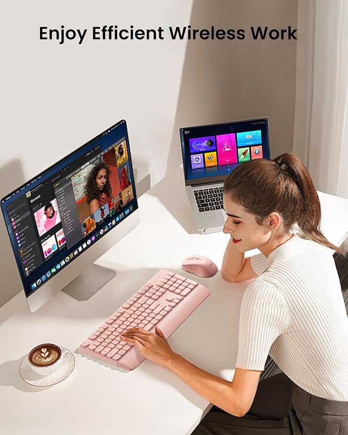 seenda Bluetooth Keyboard and Mouse, COE200 USB + Bluetooth Multi Device, Ergonomic Keyboard Mouse Set, Full-Size Wireless Combo Compatible for Mac OS/Windows PCs Computers Laptops MacBooks - Pink