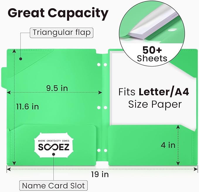 Sooez Plastic Folders with Pockets and Tabs, 6 Pack Pocket Folders with Writable Label Stickers, Fits 3-Ring Binder, Holds Letter/A4 Size Paper, Back to School Office Filing Supplies, Bright Colors