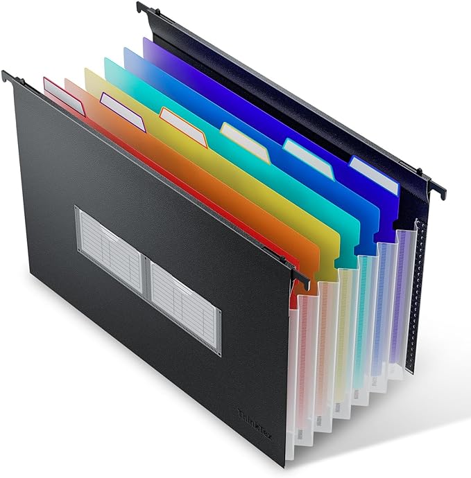 ThinkTex Plastic Expanding Hanging File Folders, 7 Innovative 1.2" Accordion Pockets, Large Capacity, Multi-Color Tabs, Legal Size for Filing Cabinet - 1 Pack