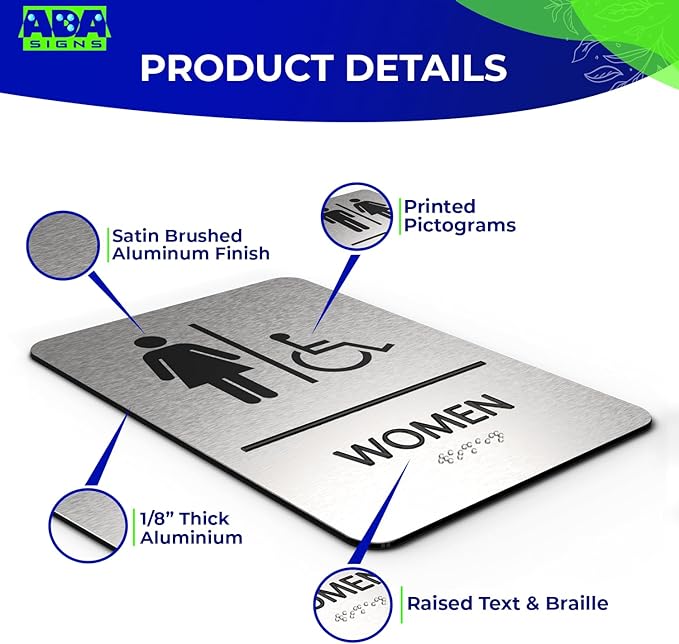 ADASigns Women Restroom Sign – 6" x 9" Durable Brushed Aluminum with Braille – Easy Installation with Strong Adhesive Tape – Weatherproof, ADA Compliant Bathroom Sign for Home, Office, & Business