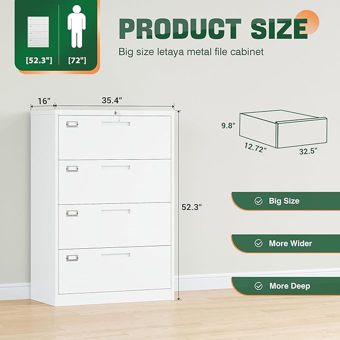 Letaya 4 Drawer File Cabinet with Lock, Metal Lateral Filing Cabinet Wide Office Organization Storage for Home Office Hanging Letter/Legal/F4/A4 (White-Requires Installation)