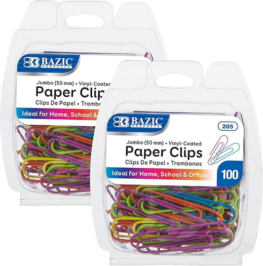 BAZIC Products Paper Clips – Assorted Color Jumbo 50mm, Color-Coated Metal Large Paper Clips for Office, Home, and School Use, 100/Pack, 2 Packs