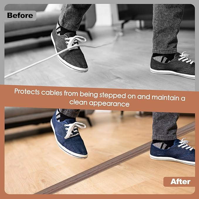 Floor Cord Cover for Wires on Floor Self Adhesive Cord Hider Floor Cable Management Wire Covers for Cords Protector Prevent Cable Trips Cord Cavity W 0.59" x H 0.31", Misty Brown Wood, 20Ft