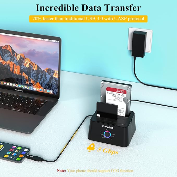 WAVLINK USB 3.0 and USB C to SATA Dual-Bay External Hard Drive Docking Station for 2.5/3.5 Inch HDD/SSD with UASP (6Gbps), Support Offline Clone/Duplicator Function [16TB X2 ]-Black