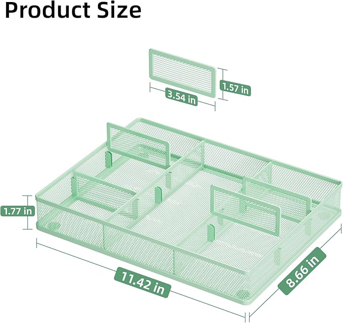 Marbrasse Desk Drawer Organizer, Metal Mesh Drawer Organizer Tray with 5 Adjustable Compartments,Desk Organizers and Accessories for Home,Office,Kitchen,Makeup,Vanity (Green)