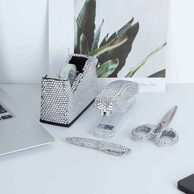 Office Stationery Set,Desk Accessory Kit, Home Office Necessary- Stapler & Desktop Tape Dispenser & Ballpoint Pens & Scissor 4 Piece Office Desk Accessories Kits(White&AB)