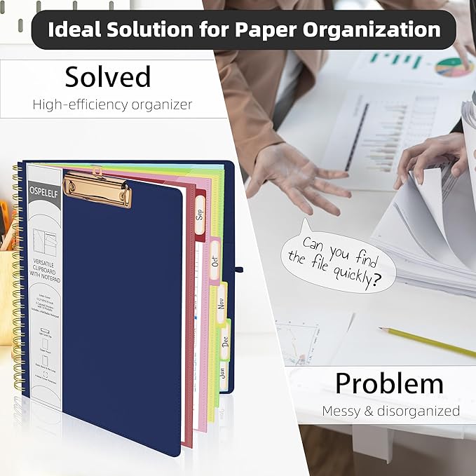 Ospelelf Bule Foldable Spiral Clipboard Folio with Storage Zipper Pouch, 5 Plastic Folders with 10 Pockets, Refillable Lined Notepad (11" x 8.5"), Linen Hardcover Project Organizer