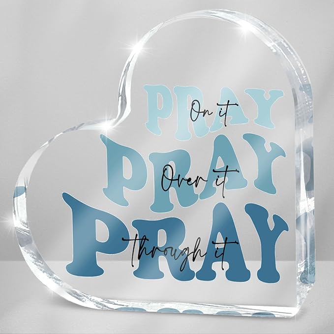 Blue Religious Christian Decor for Woman, Blue Heart Shape Gifts for Birthday Dorm Living Room Church Table Desk Bookshelf, Acrylic Office Desk Accessories Decoration Art Sign-Pray Through It