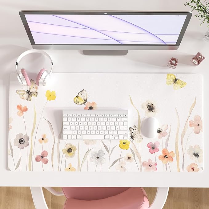 Colorful Star Large Mouse Pad, Watercolor Floral Desk Mat Office Supplies, Waterproof PU Leather Gaming Mousepad for Women Girls, Butterflies Desk Pad Home Office Décor Accessories 31.5" x 15.7"