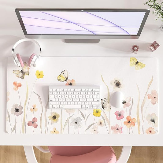 Colorful Star Large Mouse Pad, Watercolor Floral Desk Mat Office Supplies, Waterproof PU Leather Gaming Mousepad for Women Girls, Butterflies Desk Pad Home Office Décor Accessories 31.5" x 15.7"