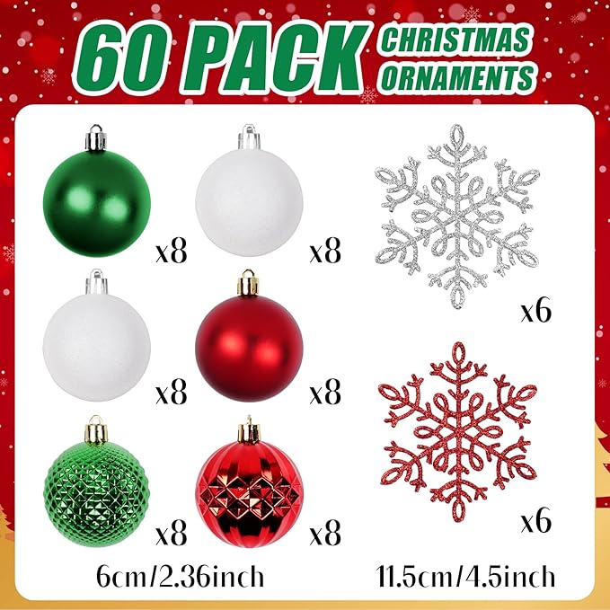 Christmas Tree Decorations Ornament Set, 60ct 2.36 Inches Red Green and White Shatterproof Christmas Ball Ornaments, Hanging Ball for Xmas Holiday Wedding Party Decor