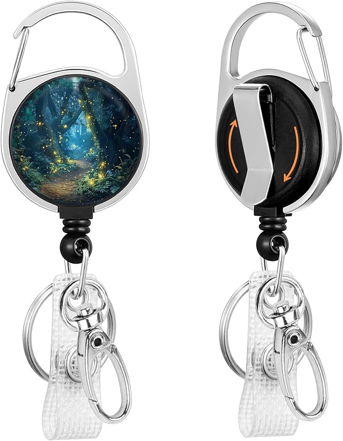 Gctriki Firefly Forest Badge Reel Retractable Heavy Duty with 360° Swivel Carabiner Clip, Work ID Badge Holder Retractable Clip, Cute Nurse Teacher ID Card Holder Name Badge Clip Keychain Accessories