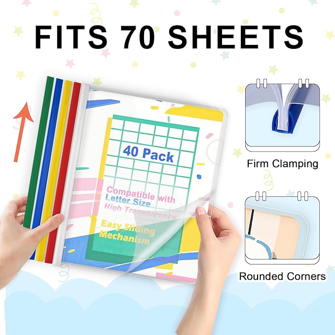 TOTiyea 40 Pack Clear Report Covers with Sliding Bars, 9mm (70 Sheet Capacity) Colorful Sliding Bar File Folders, for Letter Size