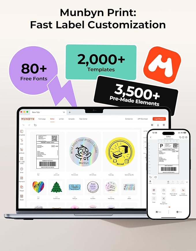 MUNBYN Bluetooth Thermal Label Printer 4x6, Wireless Shipping Label Printer with Built-in Paper Bin & Battery, Compatible with iOS, Android, Windows, Mac, Works for Amazon, Ebay, Shopify, Etsy, USPS