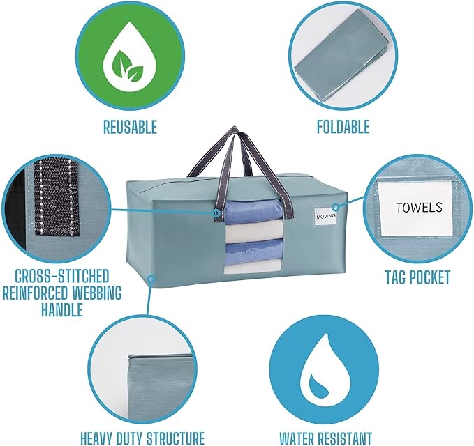 VENO 10 Pack Moving Bags for College, Heavy-Duty Storage Totes, Moving Boxes and Wardrobe Packing Supplies Alternative - Extra Large Durable Laundry Bags for Clothes (Light Blue Matte, 10 Pack)