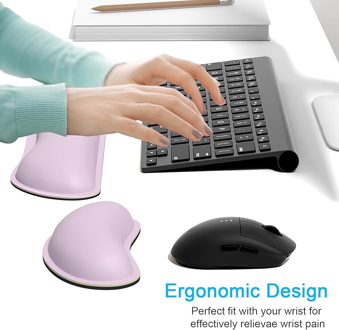 Dapesuom Keyboard Wrist Rest Set, Cute PU Leather Wrist Cushion for Computer Keyboard and Mousepad, Memory Foam Mouse Pad Rests Support with Non-Slip Base for Typing Pain Relief, Laptop, Queen Pink