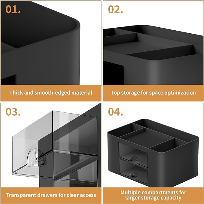 Marbrasse Pen Organizer with 2 Drawer, Multi-Functional Pencil Holder for Desk, Desk Organizers and Accessories with 5 Compartments + Drawer for Office Art Supplies (Black)