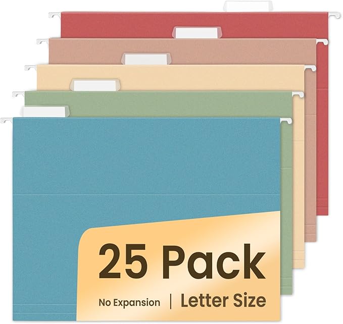 SUNEE Hanging File Folders Retro Colors, 25 Pack Letter Size File Folders with 1/5-cut Tabs, Stay Organized for Your Home and Office Bulk File and Documents