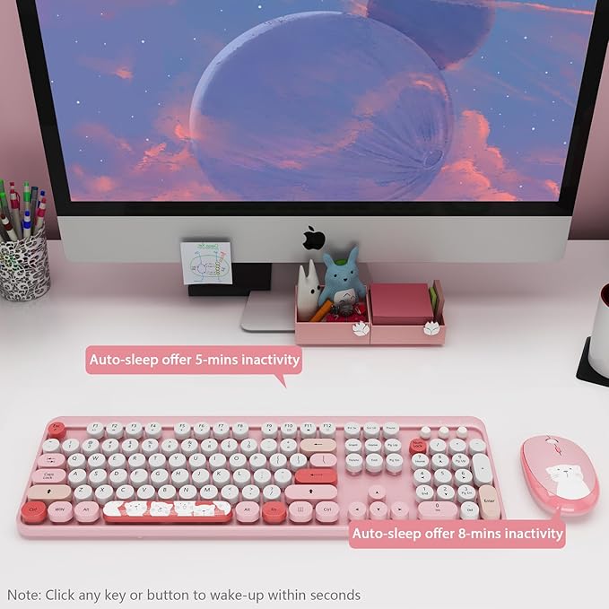 Wireless Keyboard,KOOTOP Cute Colorful 104 Keys Typewriter Retro Round Keycaps Keyboard for PC Laptop,Desktop,Windows, Home and Office Keyboards (Pink)