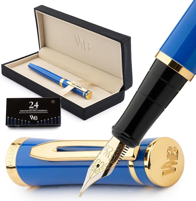 Wordsworth & Black Fountain Pen Set, 18K Gilded Medium Nib, Includes 24 Pack Ink Cartridges, Ink Refill Converter & Gift Box, Gold Finish, Calligraphy, [Imperial Blue], Perfect for Men & Women