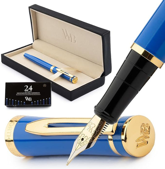 Wordsworth & Black Fountain Pen Set, 18K Gilded Medium Nib, Includes 24 Pack Ink Cartridges, Ink Refill Converter & Gift Box, Gold Finish, Calligraphy, [Imperial Blue], Perfect for Men & Women