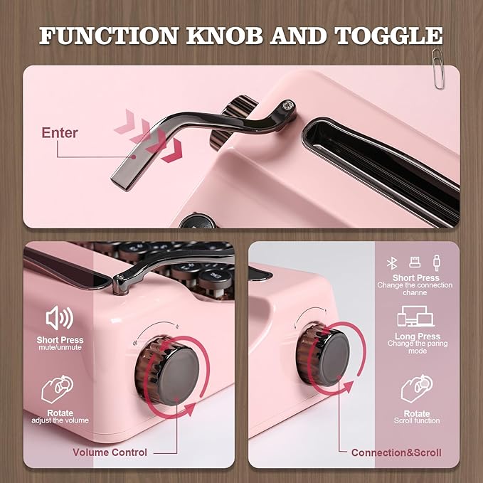 YUNZII QL75 Wireless Typewriter Hot Swap Retro Mechanical Keyboard,Punk Round Keycaps,RGB Backlit QMK/VIA Programmable,Multi-Device Keyboard with 2.4GHz/Type-C/BT5.0 (Pink, Cocoa Cream V2 Switch)
