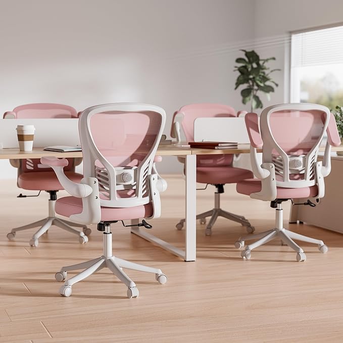 GYI Computer Desk Chair, Ergonomic Office Desk Chairs with Mesh Back, Adjustable Lumbar Support, Height, 3D Flip-up Arms, Wheels, Rocking Function (Pink)
