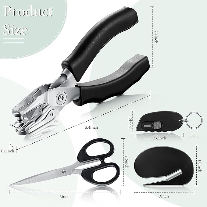 Tenare 7 Pcs Black Office Supplies Desk Accessory Kit, Stapler and Tape Dispenser Set with Stapler Remover, Single Hole Punch, Scissors, Telescopic Knife Keychain, Envelope Slitter Mail Opener