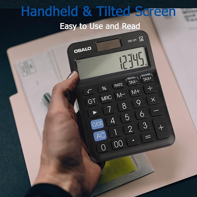 Pocket Small Size Desk Calculator, 12 Digit Large LCD Display, Basic Tax Function Handheld Desktop Calculator with Solar Battery Dual Power, Perfect for Office, School, Business OS-12T (Black)