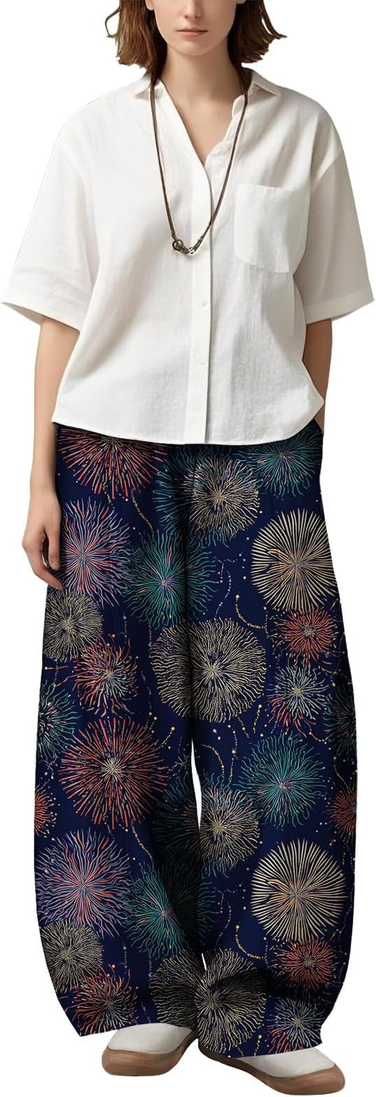 Zaswen Women's Oversize Loose Fit Breathable Pants Wide Leg Lounge Pants Fashion Casual Fireworks Print Trousers with Pockets