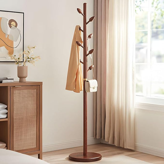Wooden Coat Rack Freestanding - Heavy Duty Coat Tree Stand with 8 Bud-Shaped Hooks, Sturdy Round Base Coat Hanger for Entryway, Bedroom, Jackets & Clothes, 200lbs Capacity (Walnut)
