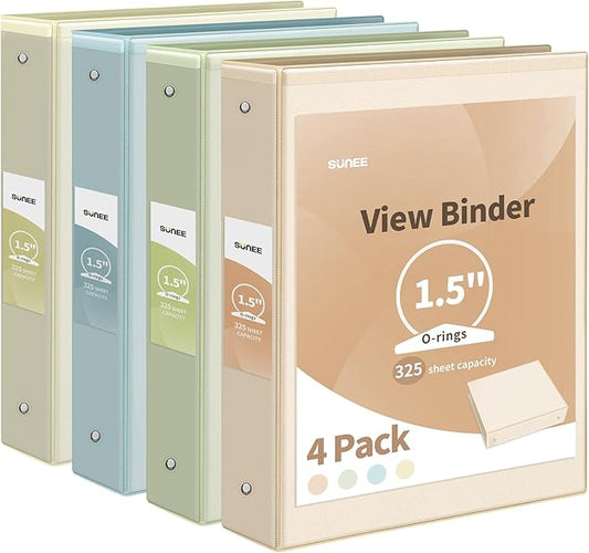 SUNEE 3 Ring Binder 1.5 Inch 4 Pack, Clear 1 1/2 Inch View Binder Three Ring PVC-Free (Fit 8.5x11 Inches) for School or Office Supplies, Neutral Aesthetic
