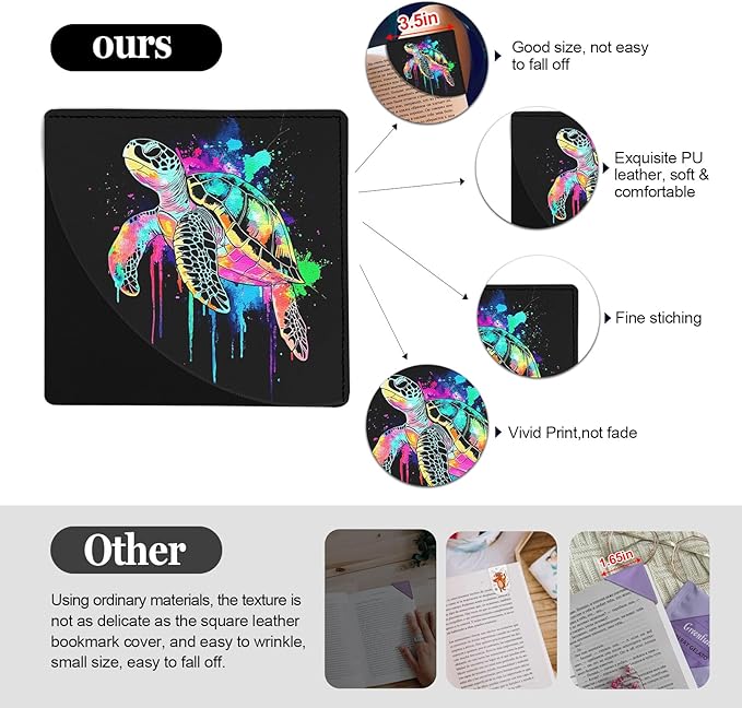 Cute Turtle Corner Bookmarks 4 Pcs, Sea Animal Leather Book Accessories for Book Lovers, Funny Reading Book Page Markers for Women Girls Men Teacher Student Boys Kids Birthday Gifts