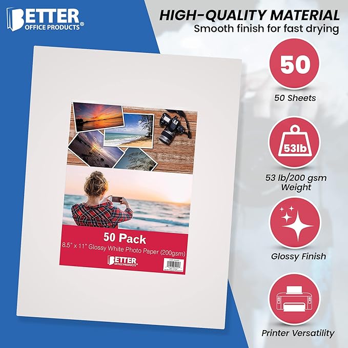 Better Office Products Glossy Photo Paper, 8.5 x 11 Inch, 50 Sheets, 200 gsm, Letter Size, 50-Count Pack