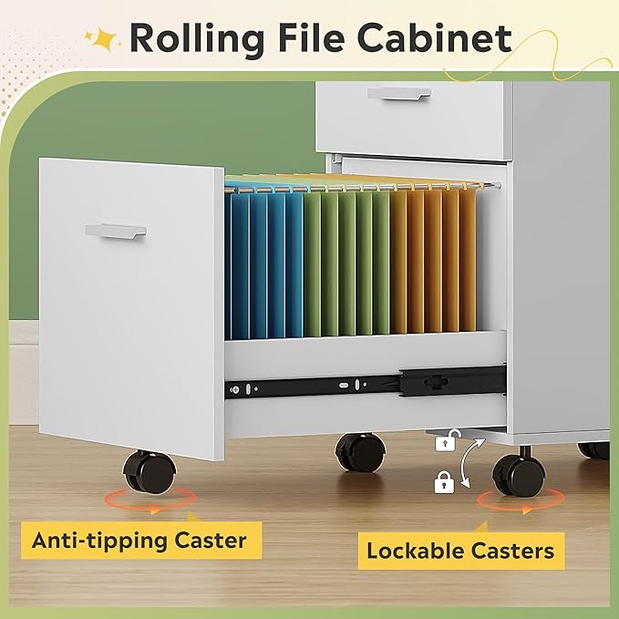 DEVAISE 3 Drawer Wood Mobile File Cabinet, Rolling Filing Cabinet for Letter/A4 Size, White