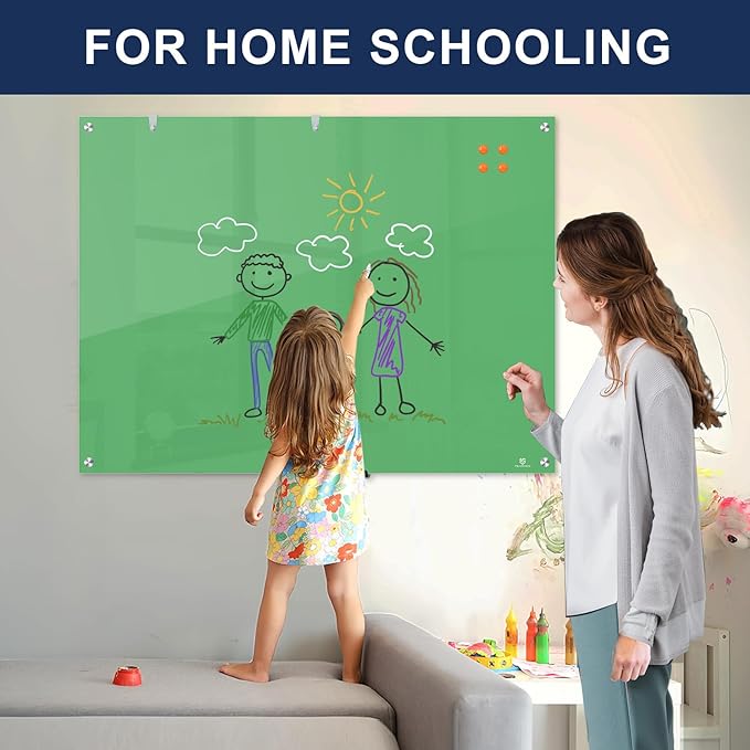 TSJ OFFICE Glass Dry-Erase Board - 48 x 36 Inches Wall Mounted Magnetic Whiteboard, Large Frameless Glass White Board for Office, Home & School, Green