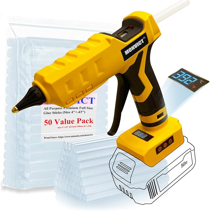 MONVICT Cordless Glue Gun for Dewalt 20V Battery with 50 Glue Sticks, Upgraded 100W Digital Temperature Adjustable Handheld Electric Power Full Size Heavy Duty Hot Glue Gun (Tool only)