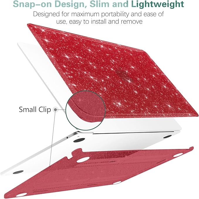 KEROM Red Glitter Case for MacBook Air 13 inch 2022-2018 M1 A2337 A2179 A1932, Glitter MacBook Air M1 Case - Shiny Bling Sparkle Plastic Hard Shell & Keyboard Cover for Mac Air 13.3 inch, Wine Red