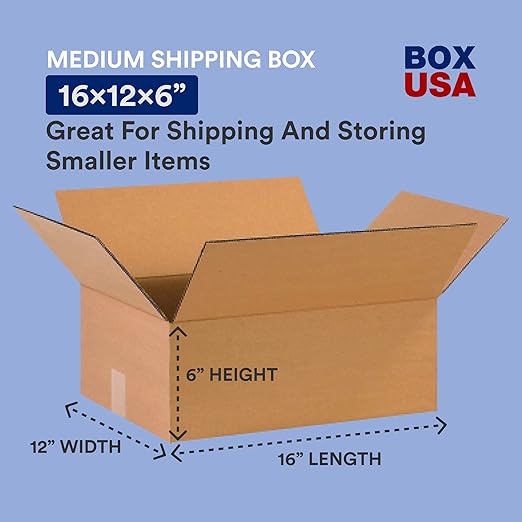 BOX USA 16 x 12 x 6 Corrugated Cardboard Boxes, Flat 16"L x 12"W x 6"H, Pack of 25 | Shipping, Packaging, Moving, Storage Box for Home or Business, Strong Wholesale Bulk Boxes
