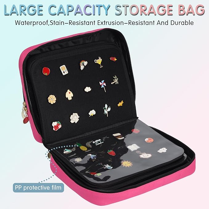 Enamel pin display bag, 8-page pin trading book, collectible pin board, suitable for storing pins, brooches, patches (pink)