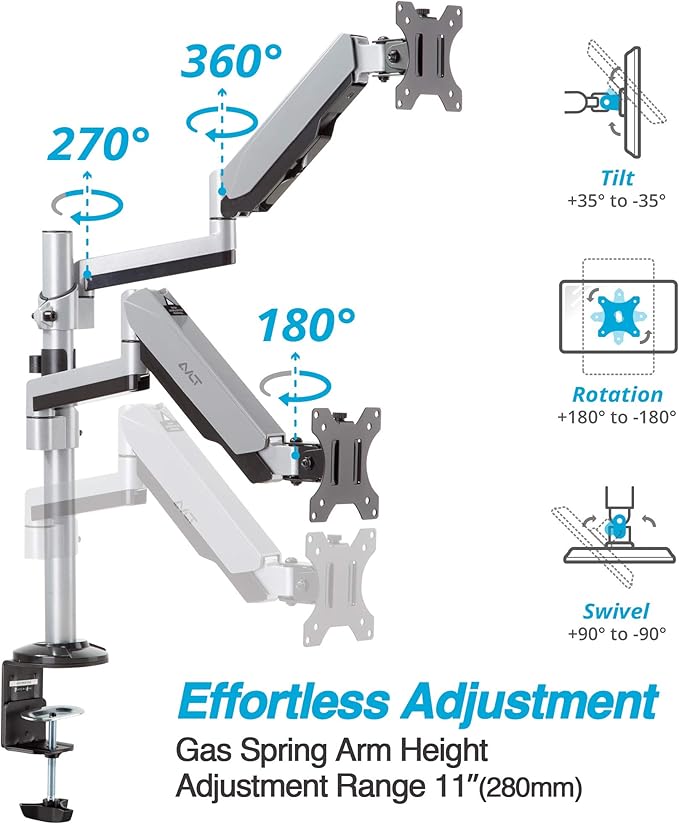 AVLT Dual 17"-32" Stacked Monitor Arm Desk Mount for 2 Flat or Curved Screens, Full Motion Height Adjustable with Swivel, Tilt, Rotation, Extra Tall, VESA, C-Clamp or Grommet Base