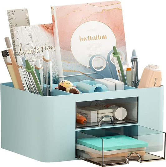Marbrasse Pen Organizer with 2 Drawer, Multi-Functional Pencil Holder for Desk, Desk Organizers and Accessories with 5 Compartments + Drawer for Office Art Supplies (Blue)