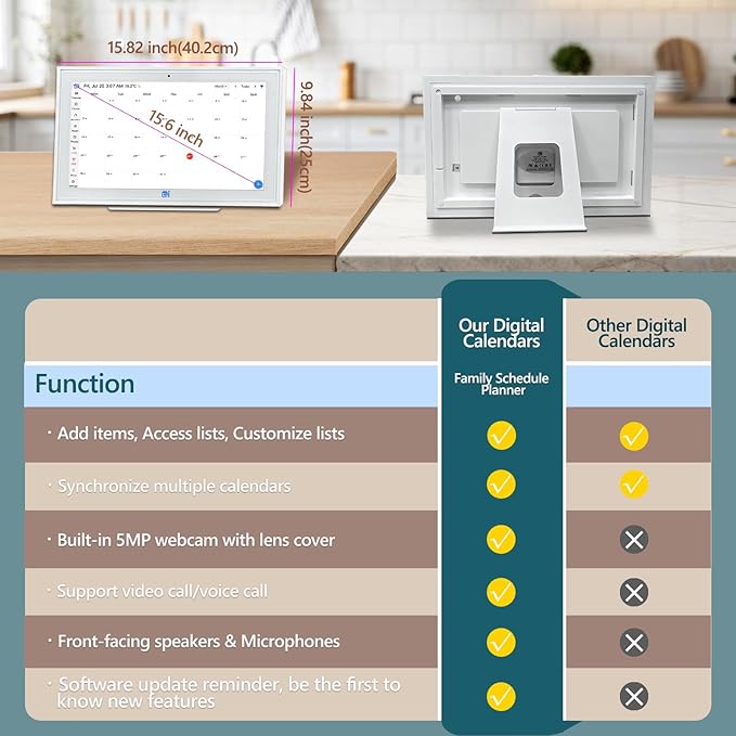 15.6 Inch Digital Calendar,Desktop&Wall Calendar Planner,Chore Chart,Meal Planning,Photo Share,Alarm Reminder,Task Rewards System,TouchScreen Smart Electronic Calender for Family Organizer- 5MP Webcam