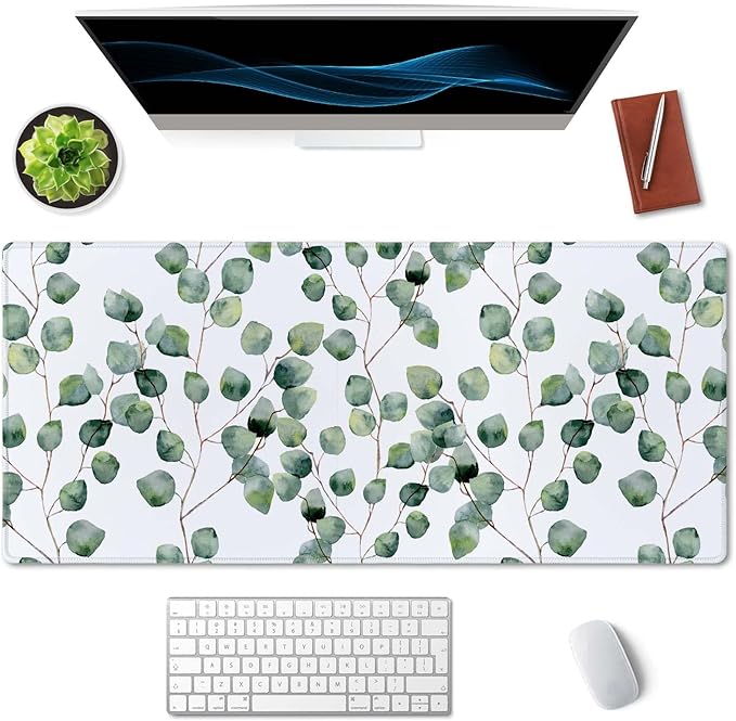 SSOIU Extended Gaming Mouse Pad XXL ArtSo Large Keyboard Mat Long Mousepad Desk Decor Writing Pad Non Slip Rubber Base Stitched Edges for Work, Game, Office, Home, 35.5" x 15.7", Eucalyptus Leaves
