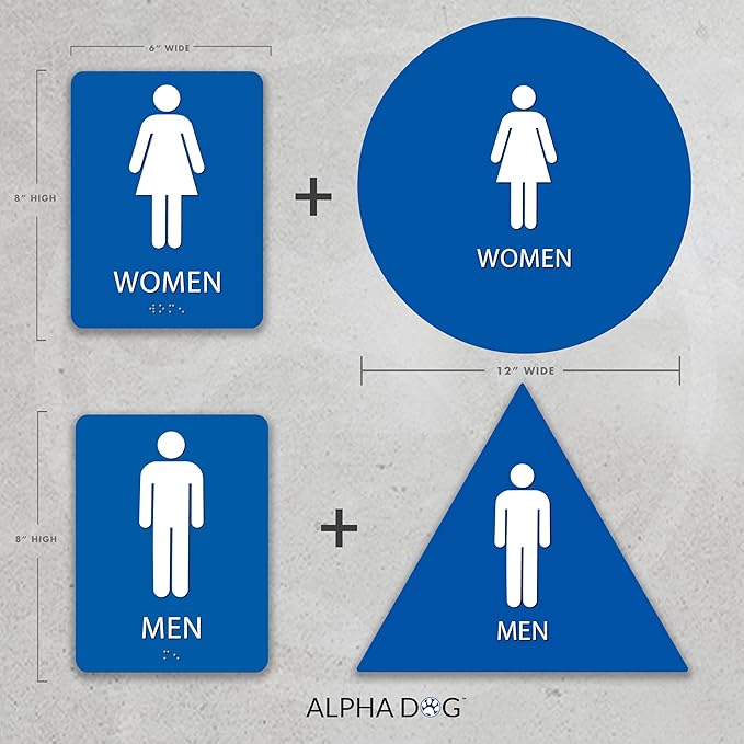 ALPHA DOG ADA SIGNS Men's Women's Restroom Sign Bundle 6x9 inch ADA Compliant Business Wall Mount Indoor Outdoor Easy Install USA Made (Blue)